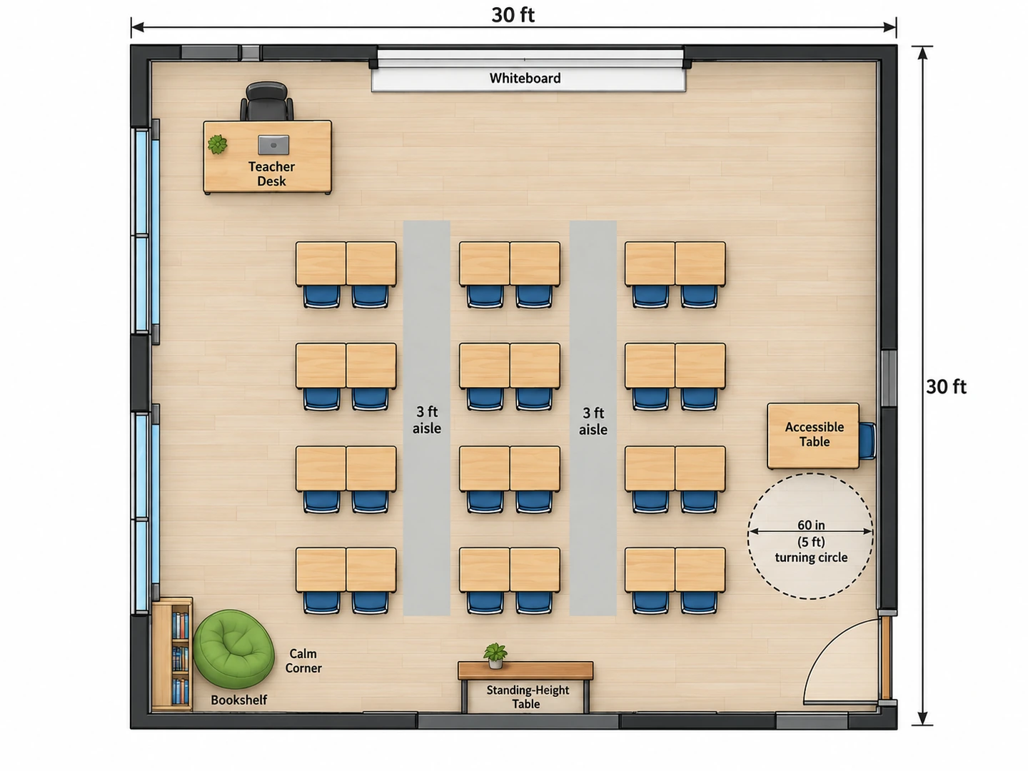 Classroom floor plan with 3 ft aisles and an accessible desk near the door