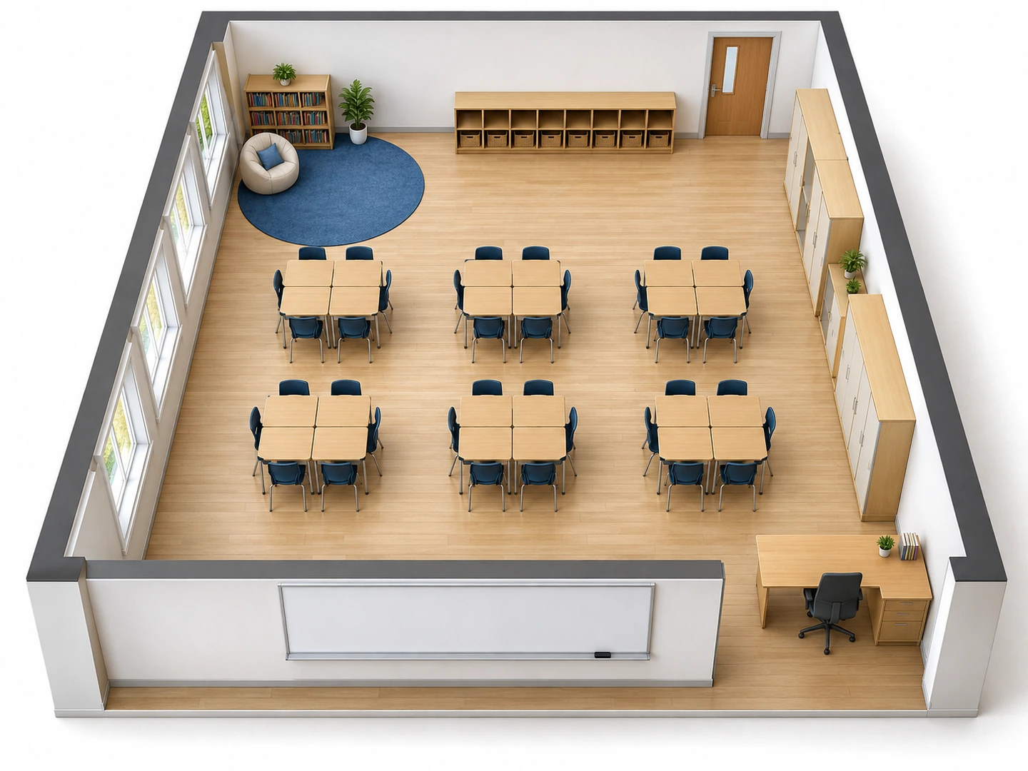 3D isometric view of a classroom with desks in groups of four