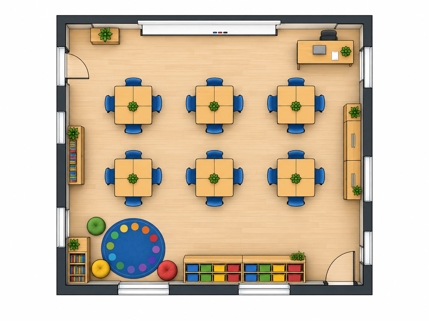 Colored 2D floor plan of a 30 by 30 ft classroom with 24 desks in groups of four