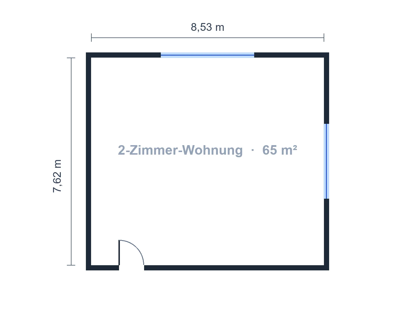 2-Zimmer-Wohnung mit rund 65 m², aus einem leeren Umriss mit festen Fenstern und festem Eingang möbliert — Vorher