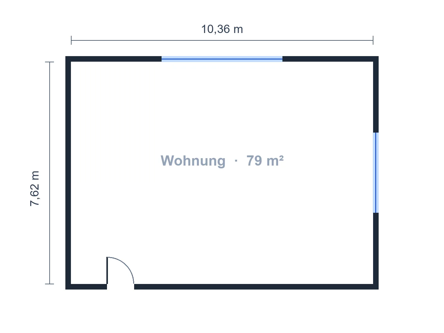 3-Zimmer-Wohnung mit rund 79 m² in „2D farbig“, gezeichnet aus einem leeren Umriss — Vorher