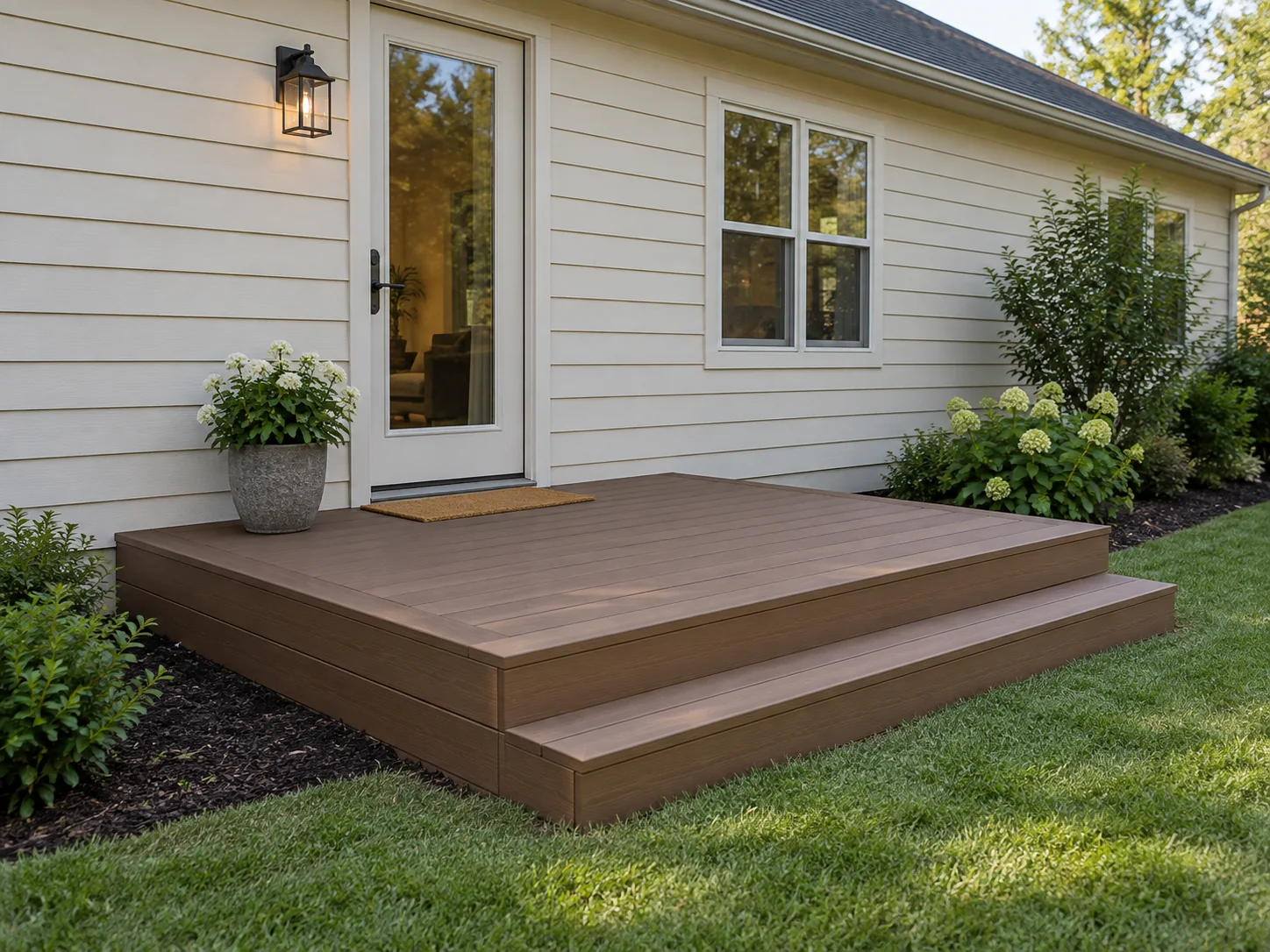 A low Brown Composite deck added beside a back door