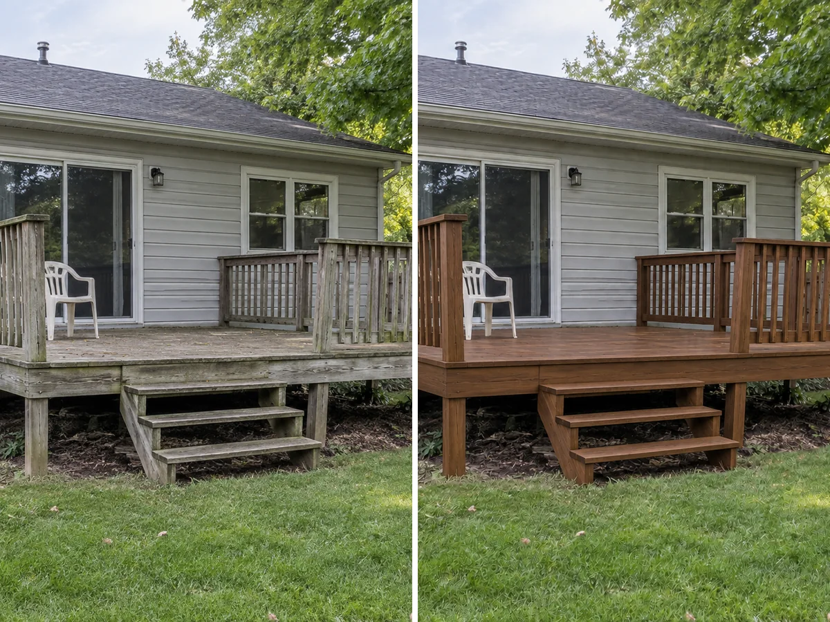 Illustration: a weathered deck corner and the same corner rebuilt in Ipe Hardwood