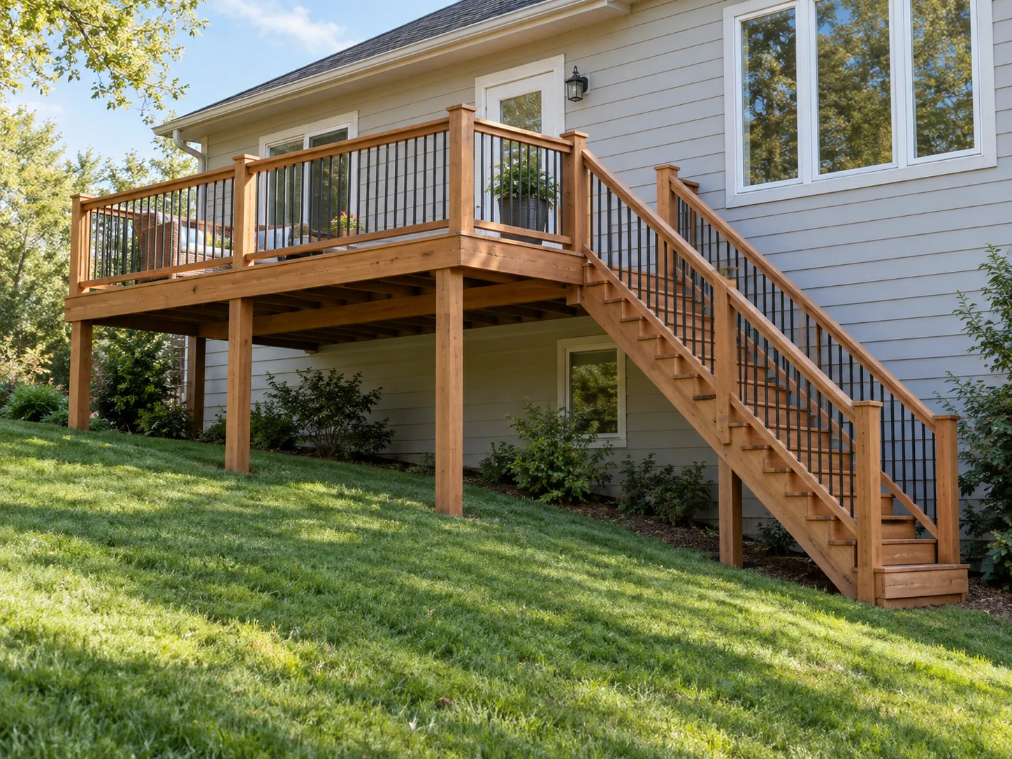 A raised Western Red Cedar deck on posts with stairs down a sloped yard