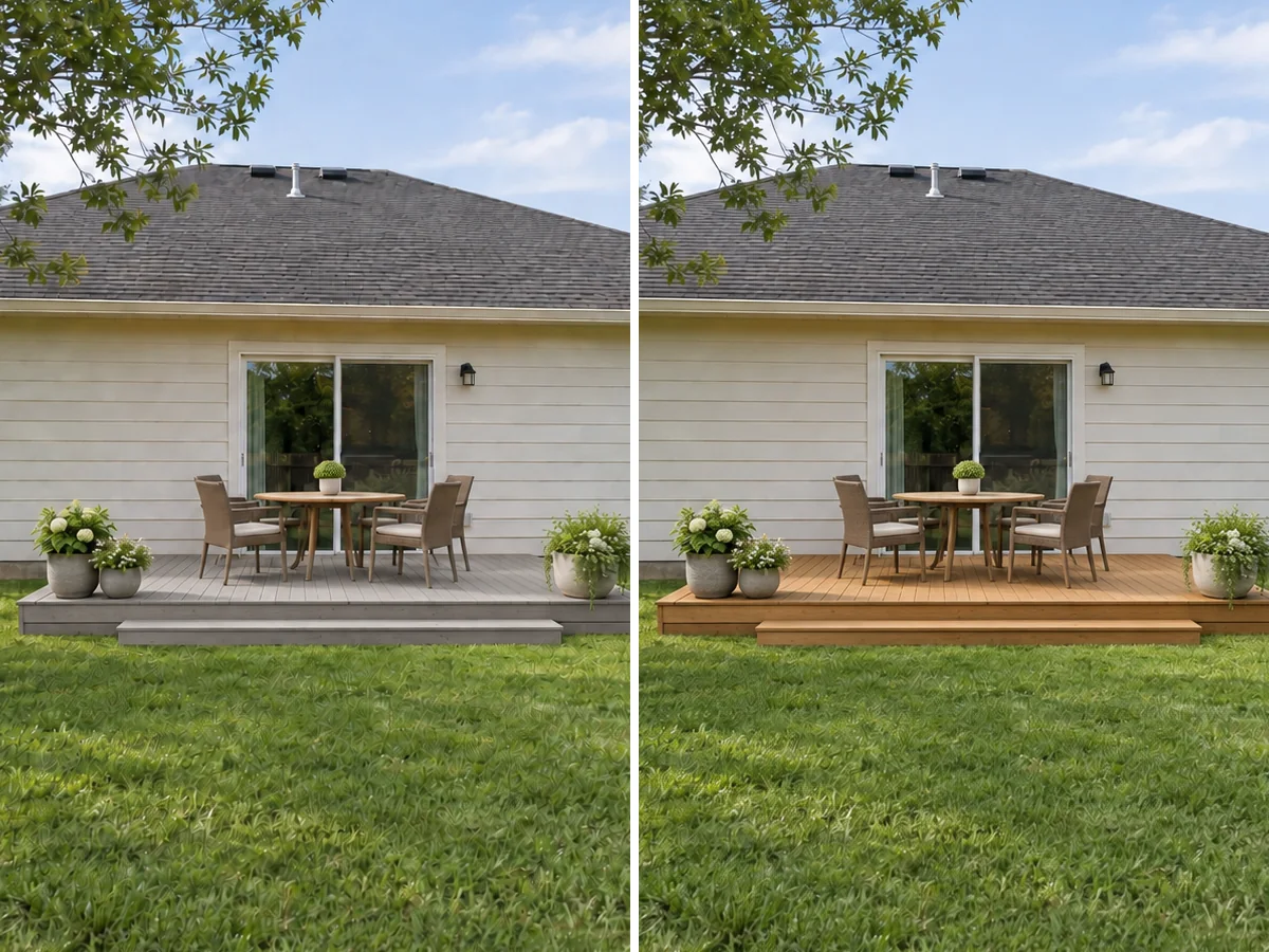 Illustration: the same deck corner in Gray Composite and Pressure-Treated Pine side by side