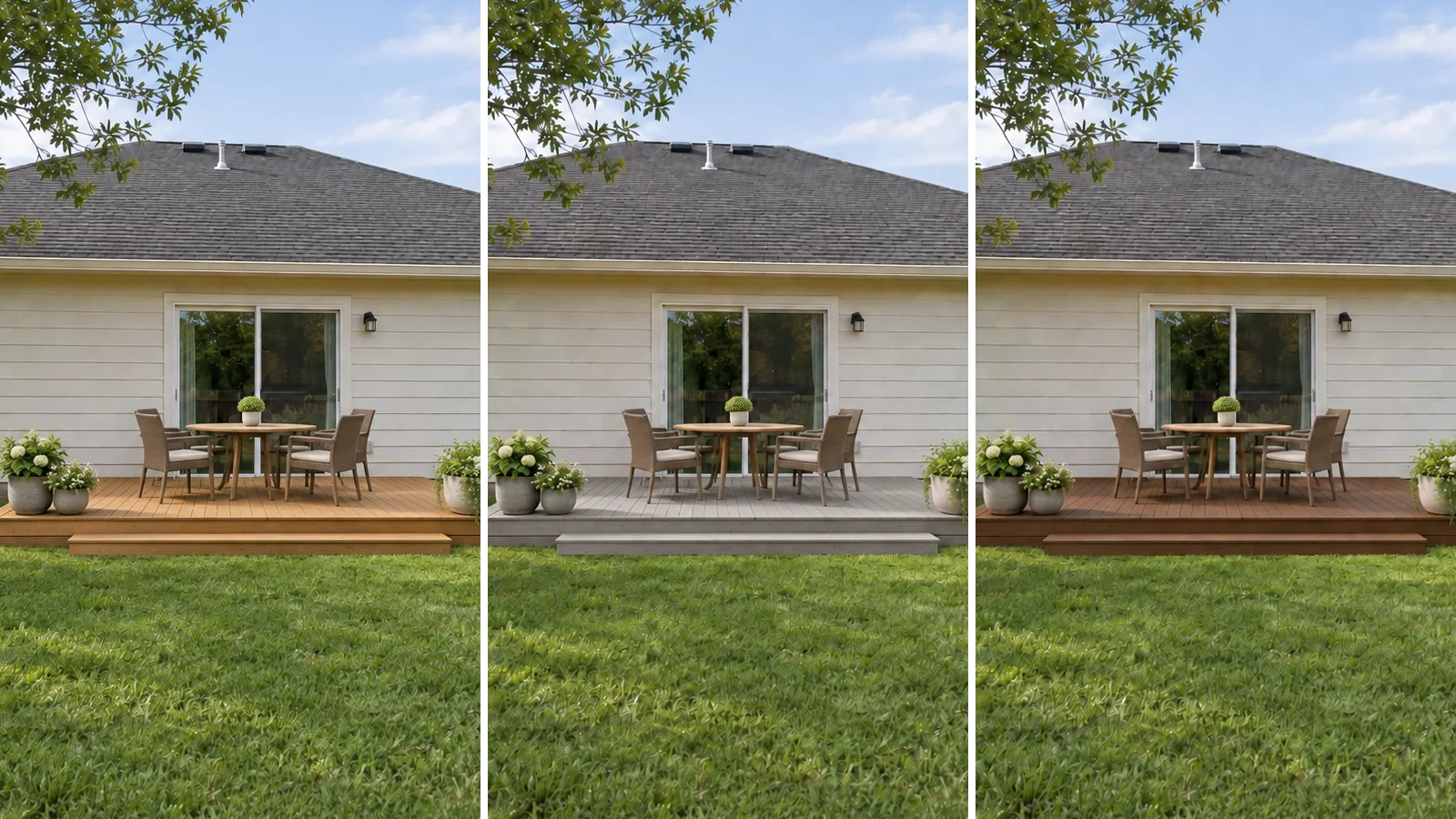 Illustration: one backyard shown with three different decking materials