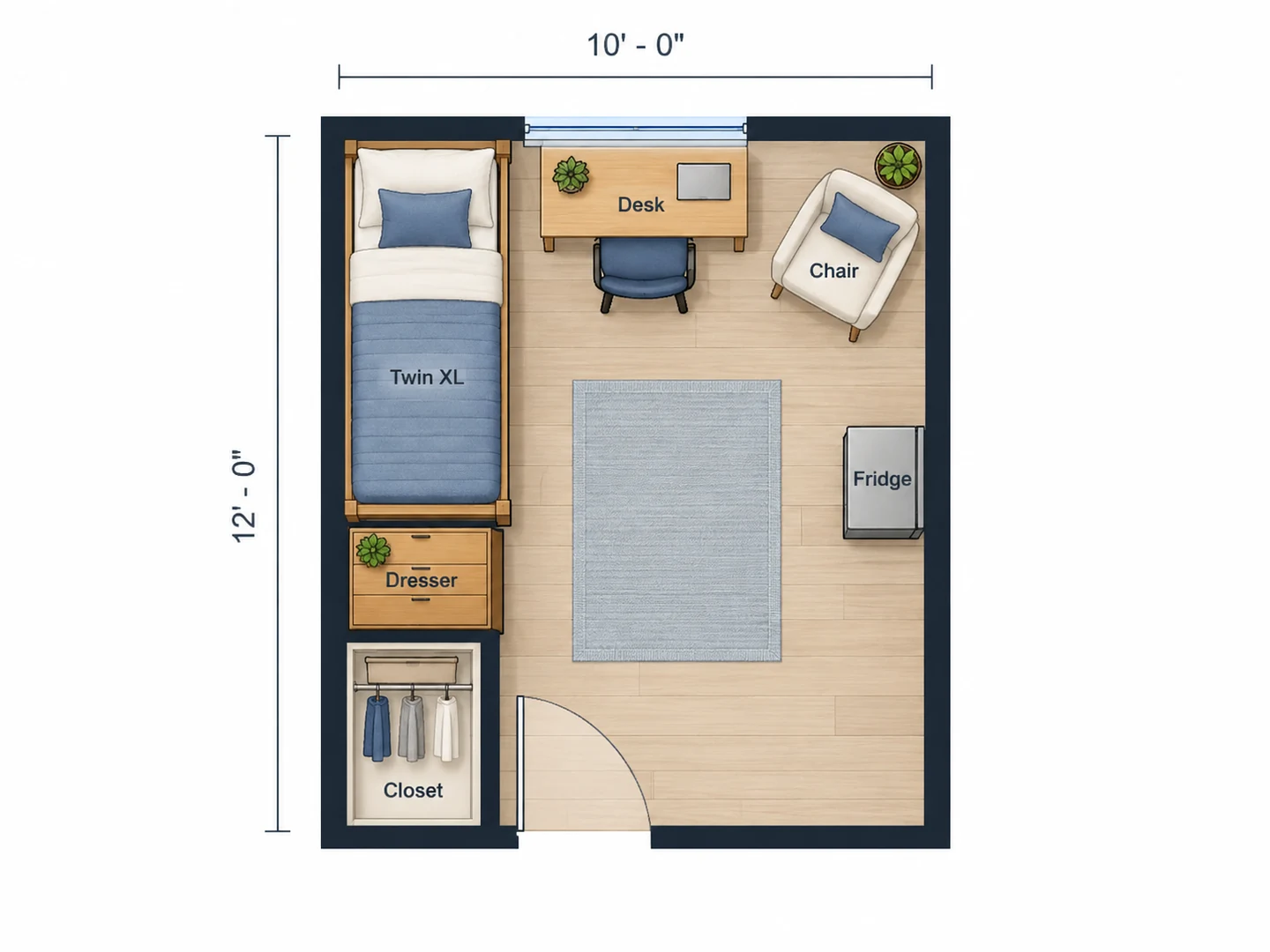 10×12 ft single with a raised twin XL bed and the desk at the window — After