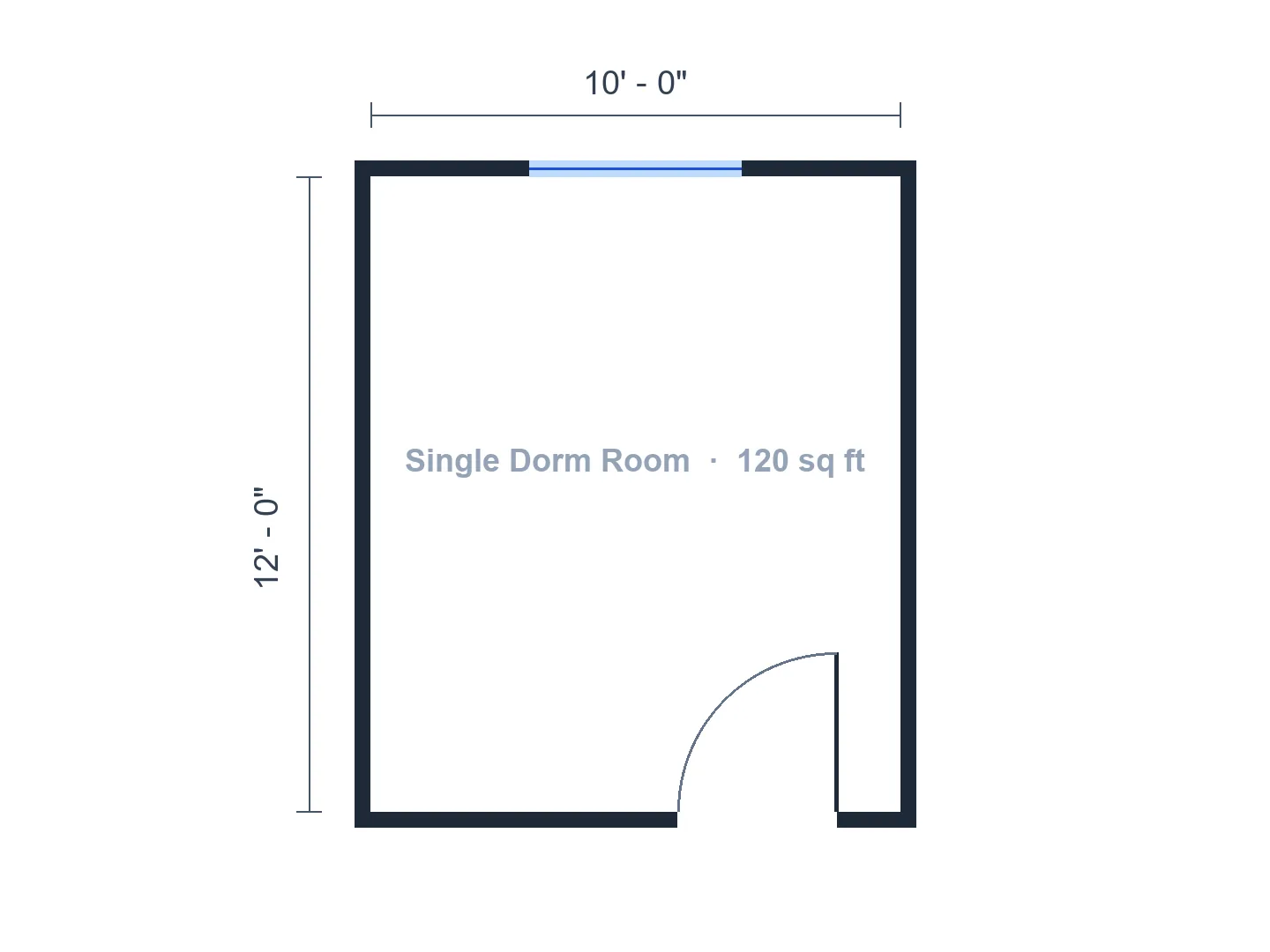 10×12 ft single with a raised twin XL bed and the desk at the window — Before