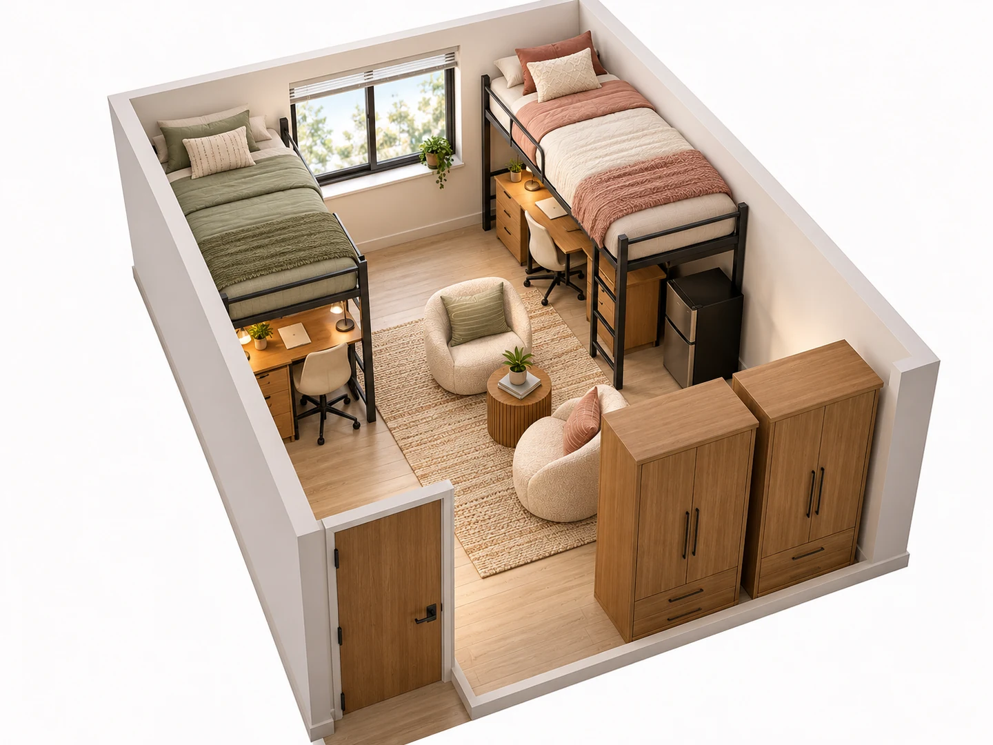 12×16 ft double with both beds lofted over the desks, in 3D — After