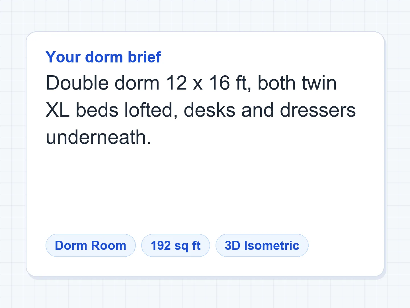 12×16 ft double with both beds lofted over the desks, in 3D — Before