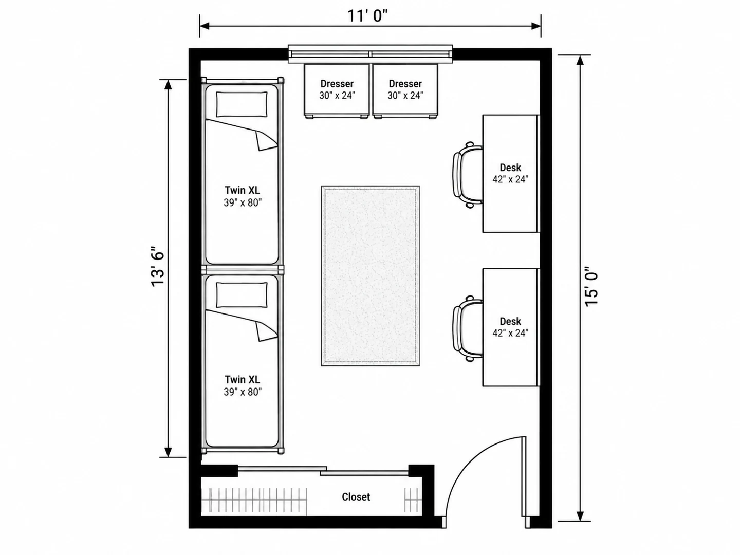 Dorm room layout with two twin XL beds end to end along one wall