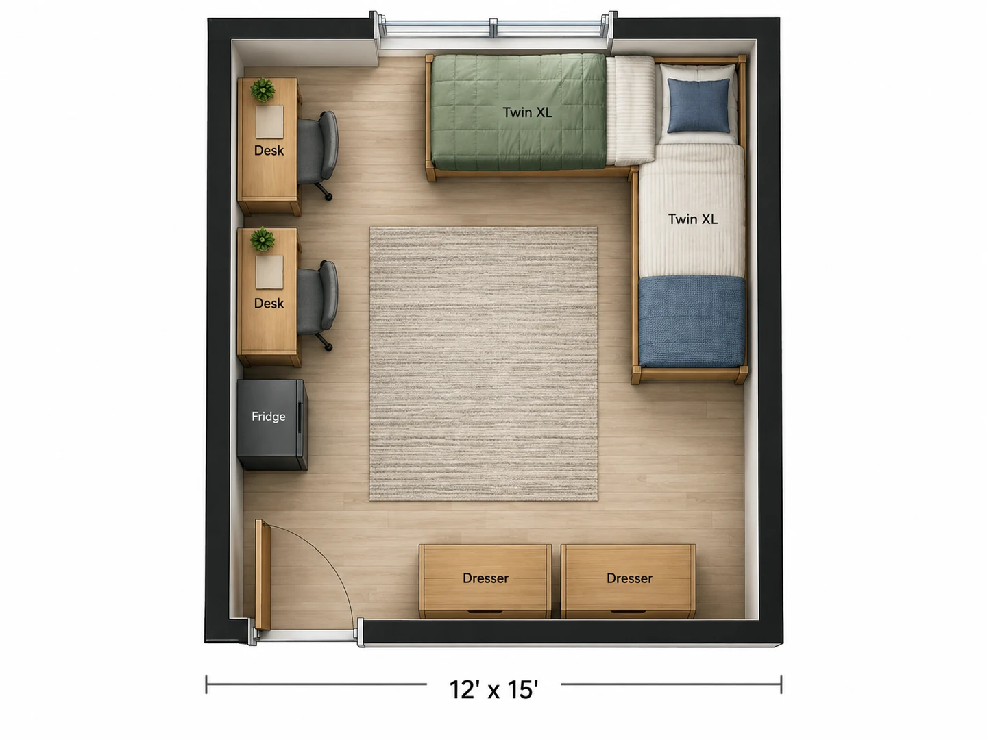 Double dorm room arrangement with the beds in an L and open floor in the middle