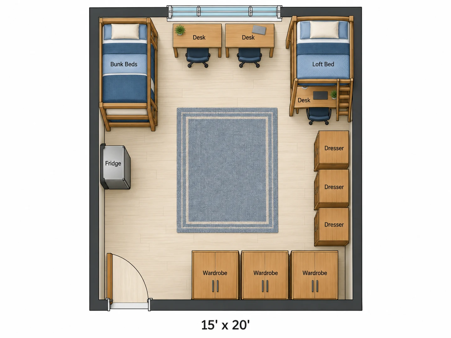 Triple dorm room layout with a bunked pair, a lofted bed and three desks
