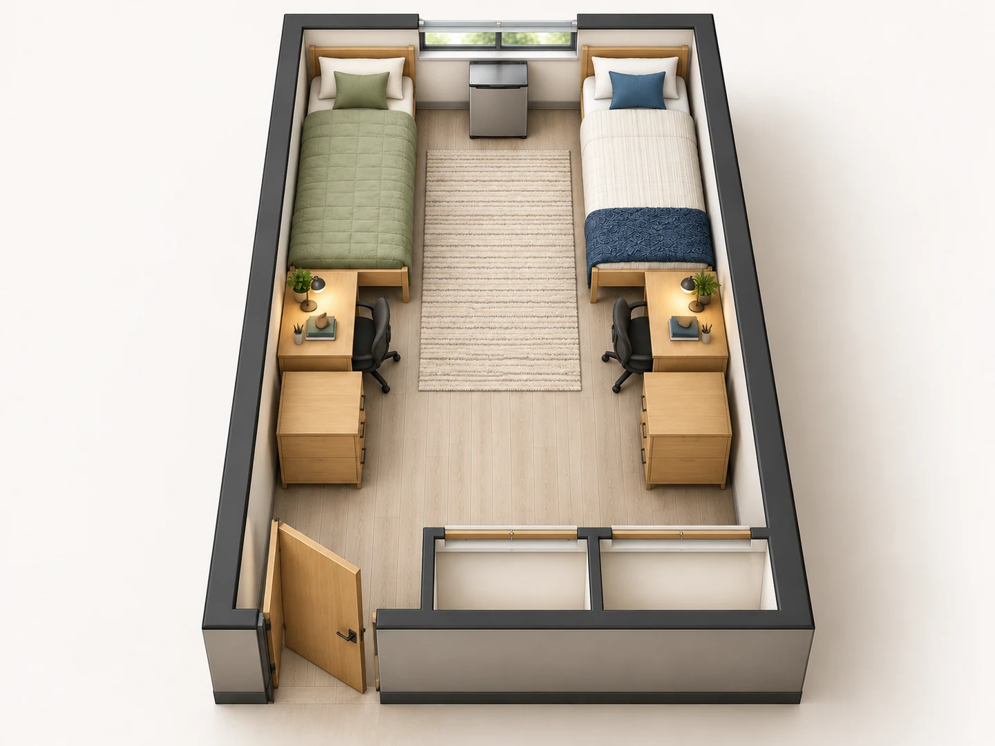 3D isometric view of a furnished double dorm room with mirrored sides