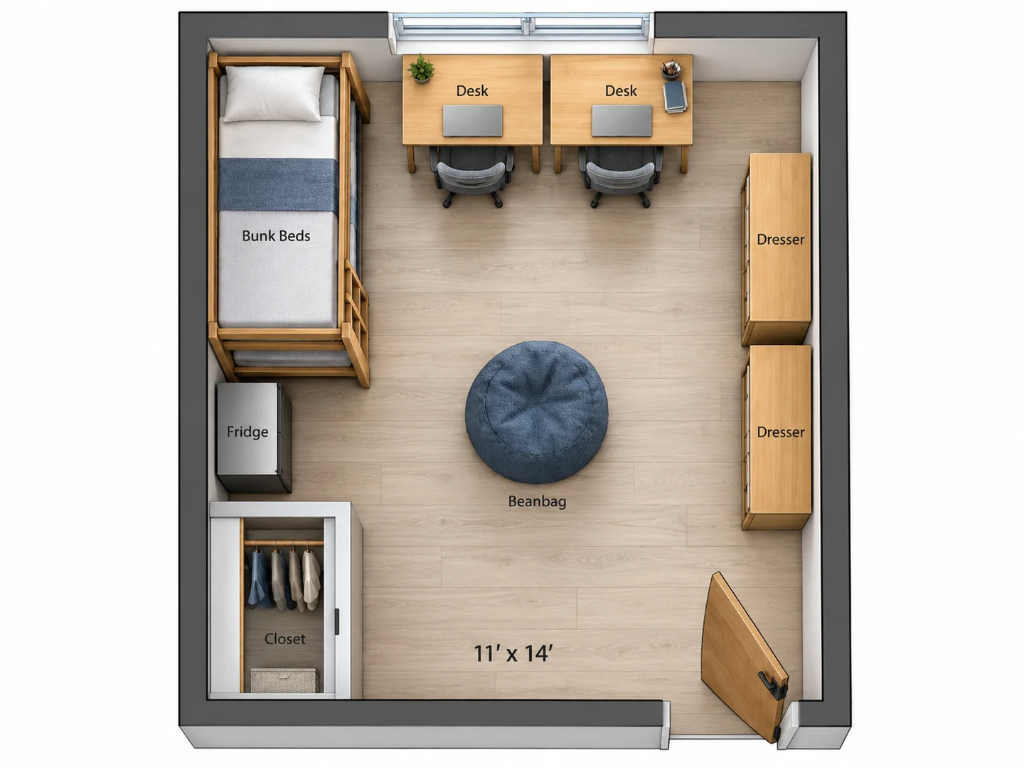 Bunked double dorm room layout with two desks side by side under the window