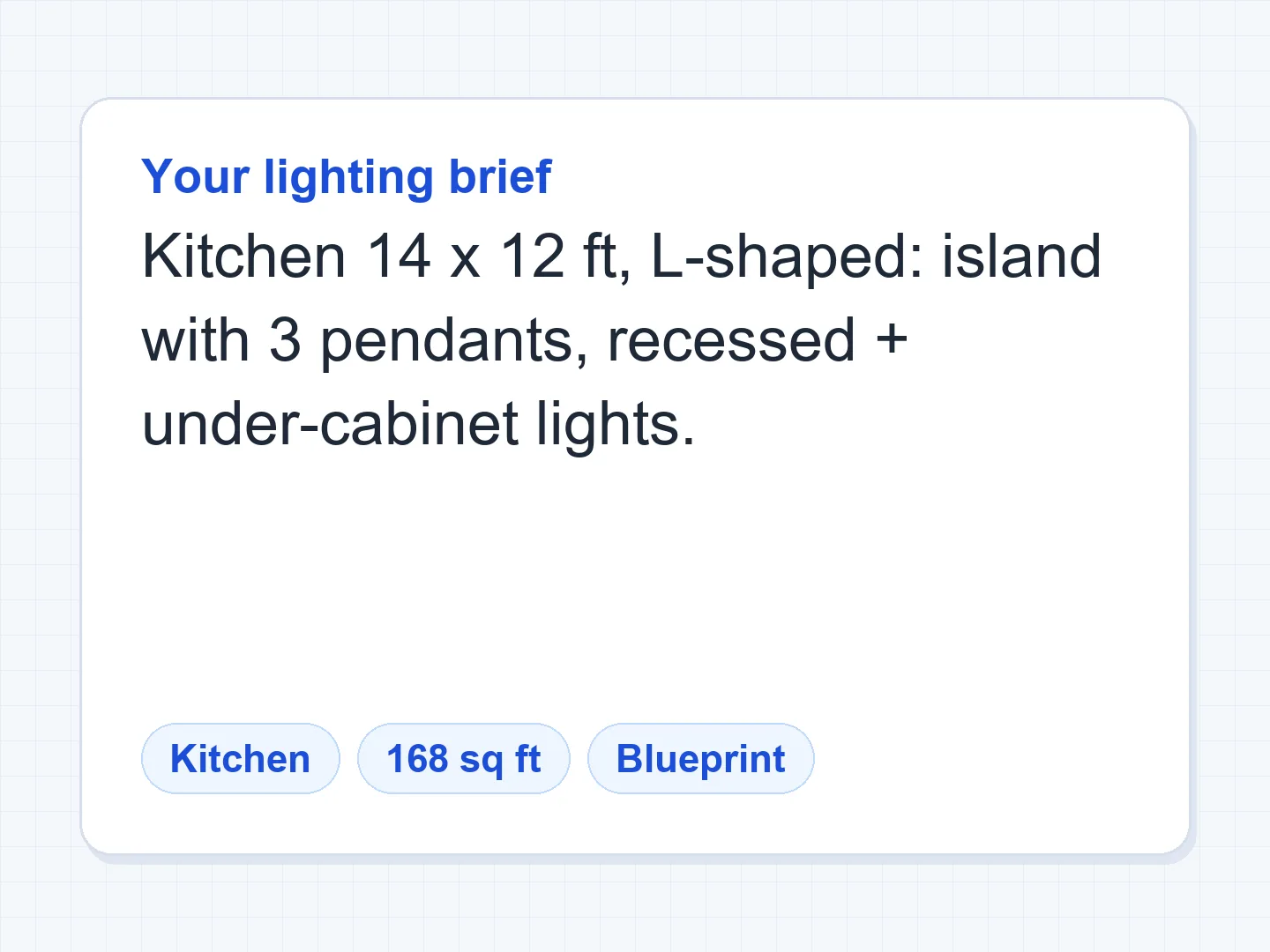 14×12 ft L-shaped kitchen lighting plan with recessed lights, island pendants and under-cabinet strips — Before
