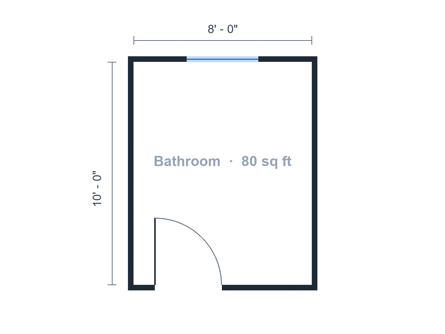 8×10 ft bathroom plumbing plan with supply, drain and vent lines on one wet wall — Before