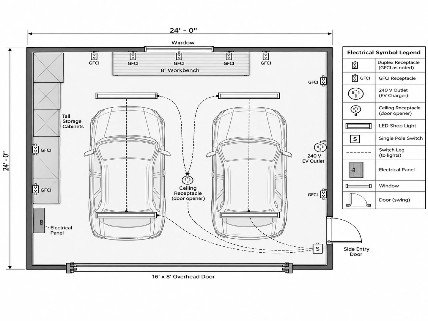 Two-car garage electrical plan with GFCI outlets at the workbench, LED shop lights, an EV charger outlet and the panel