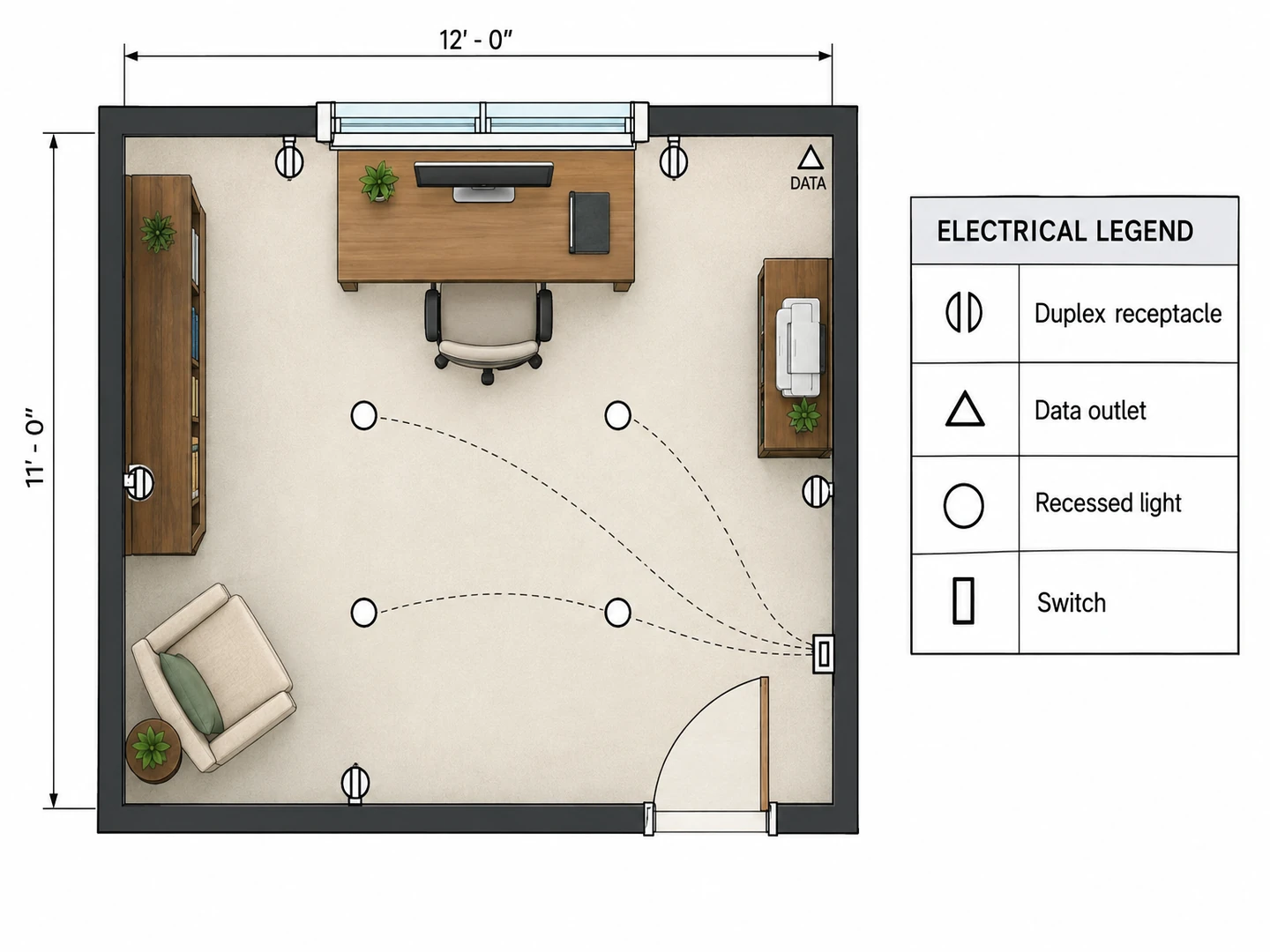 Home office electrical plan with receptacles, a data outlet, recessed lights, a switch and a symbol legend