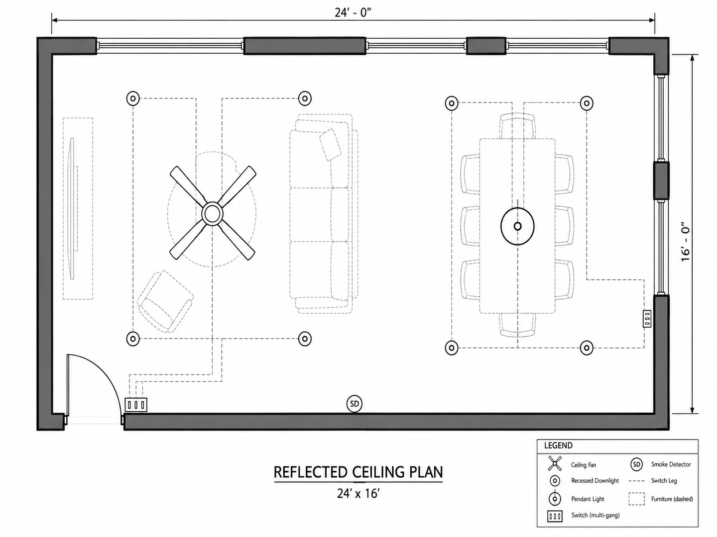Reflected ceiling plan of an open living and dining room with recessed lights, a ceiling fan, a dining pendant and switch legs