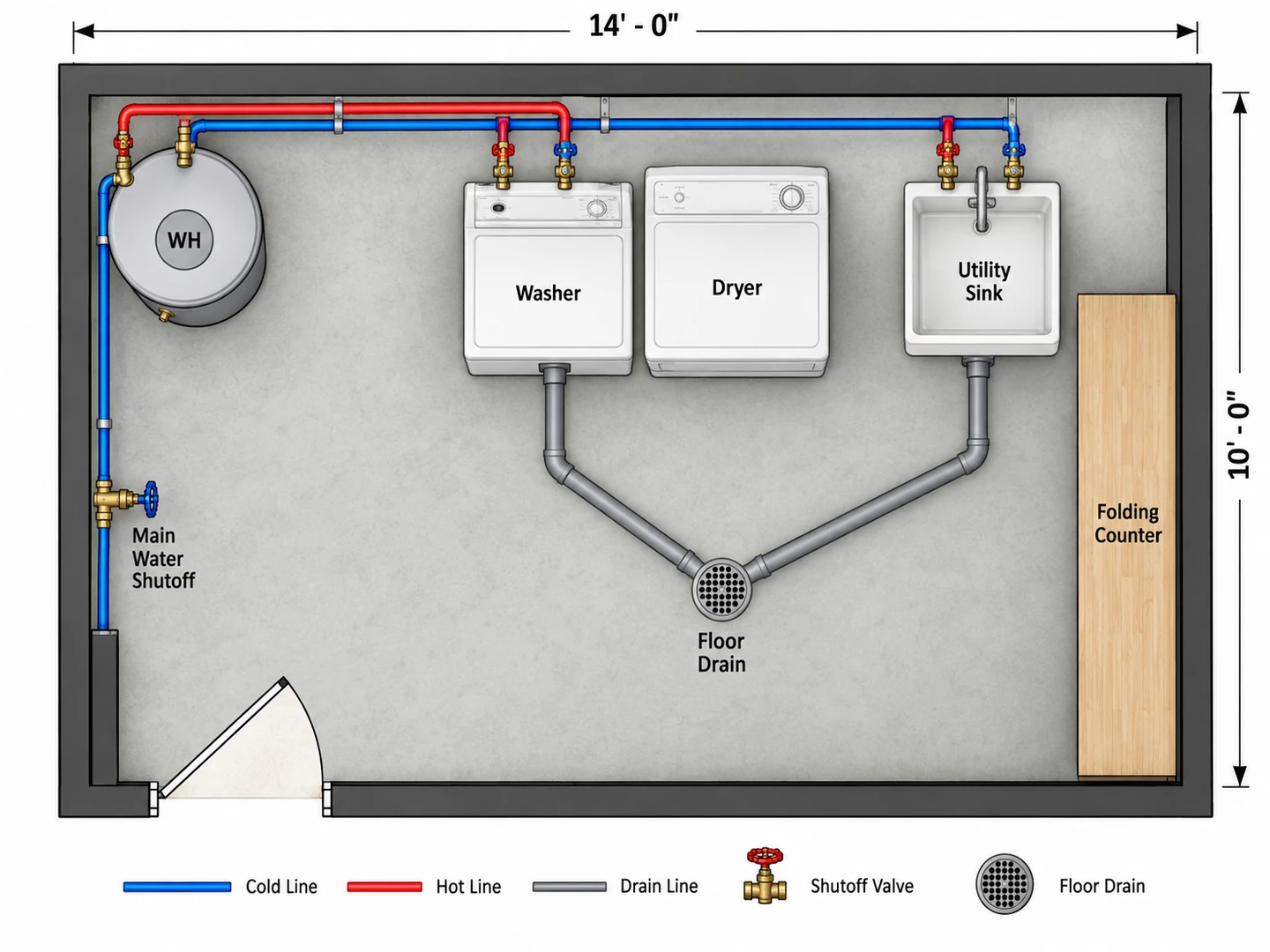 Basement laundry and utility plumbing plan with the water heater, main shutoff, washer box, utility sink and floor drain