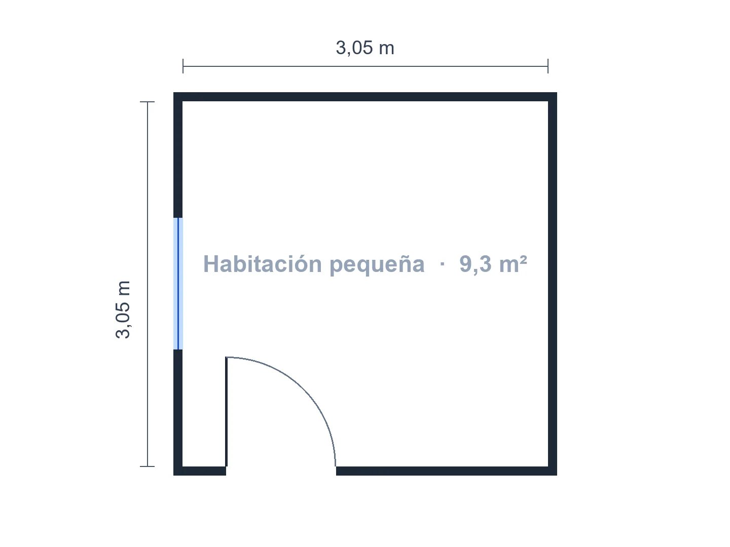 Cuarto de 3 × 3 m (unos 9 m²) con cama matrimonial, dos mesitas de noche y una cómoda — Antes