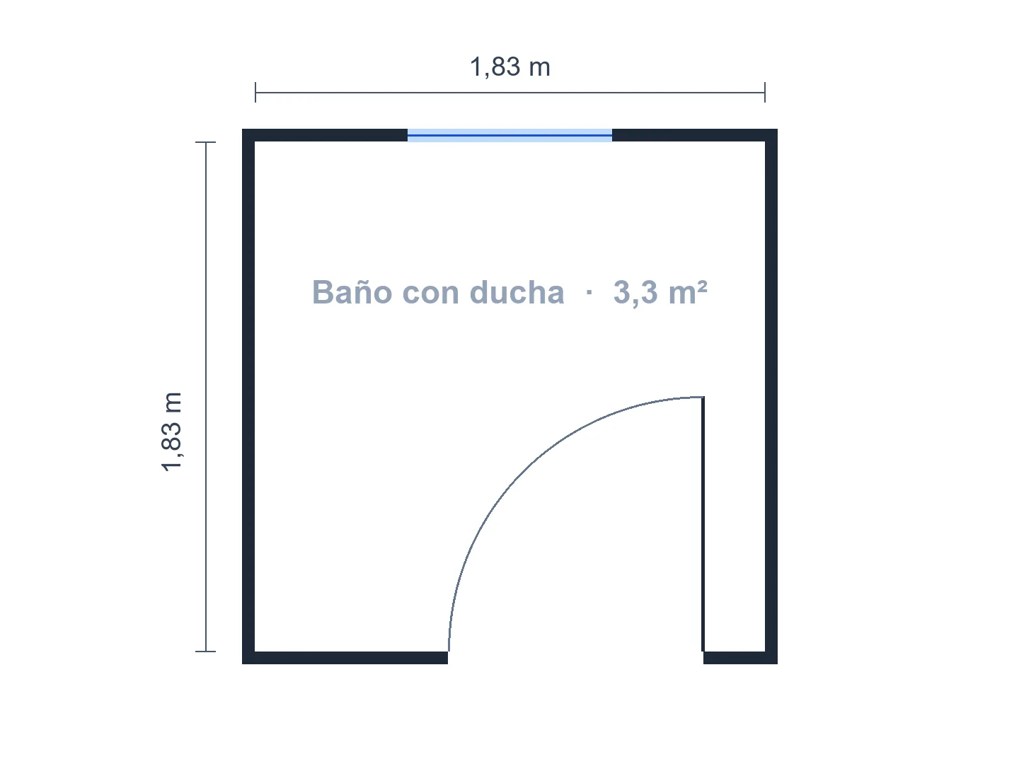 Baño de 1.8 × 1.8 m con ducha de 90 × 90 cm en esquina, a partir del contorno vacío — Antes