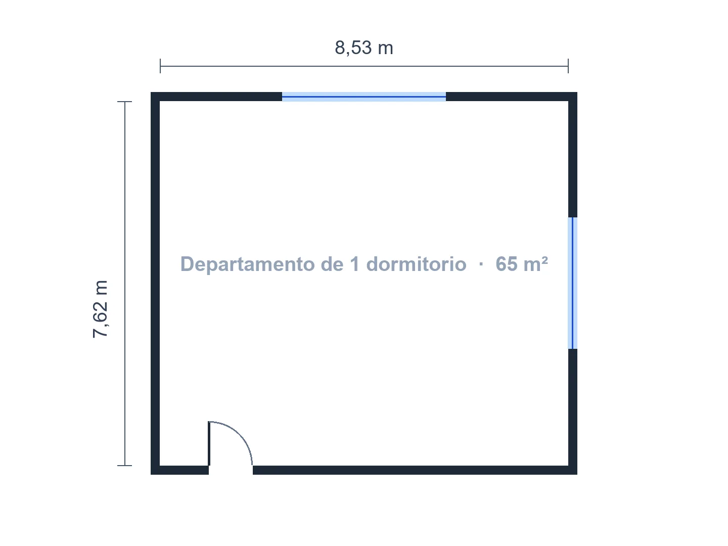 Departamento de 1 dormitorio, unos 65 m², amueblado a partir de un contorno vacío con la entrada y las ventanas fijas — Antes