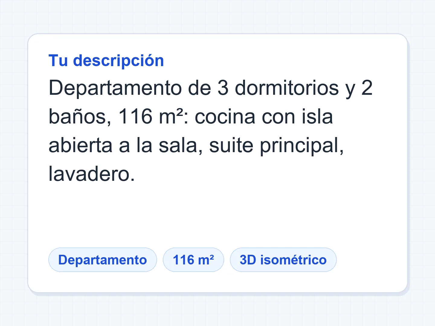 Plano 3D de un departamento de 3 dormitorios y 2 baños, unos 116 m² — Antes