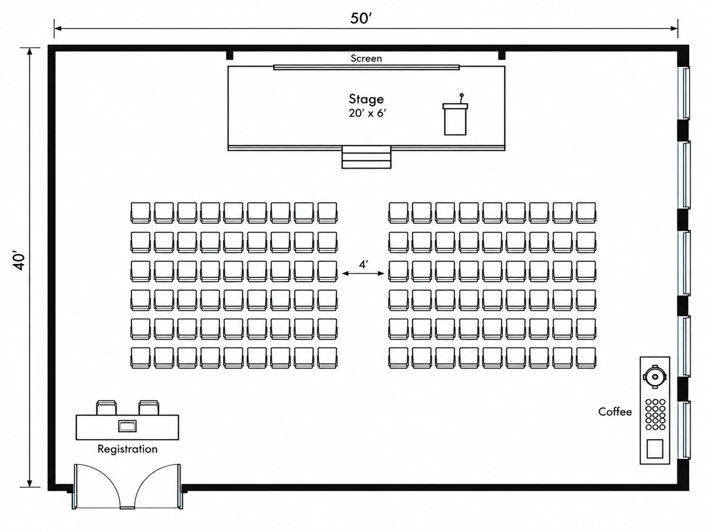 Conference for 120 in theater rows with a center aisle, stage and registration — After