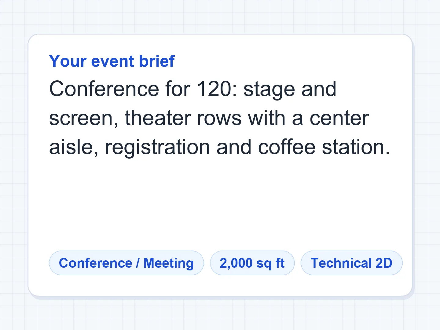 Conference for 120 in theater rows with a center aisle, stage and registration — Before