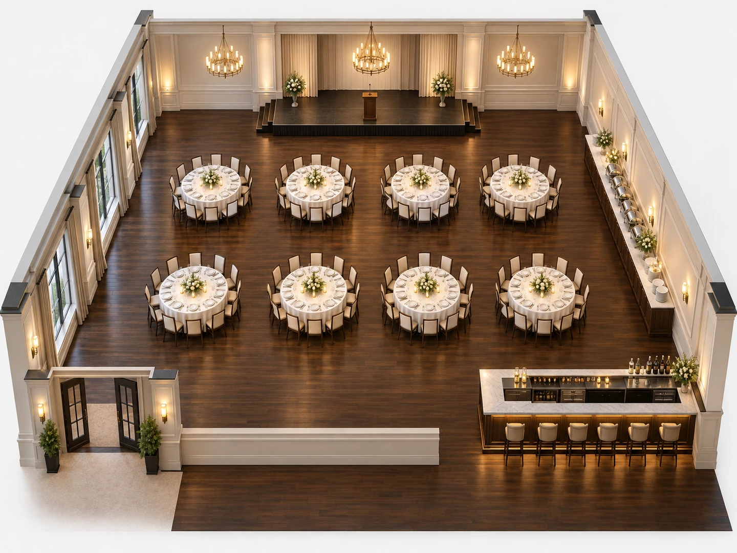 Banquet hall layout for 96 at eight 72 in rounds, with a stage and buffet, in 3D — After