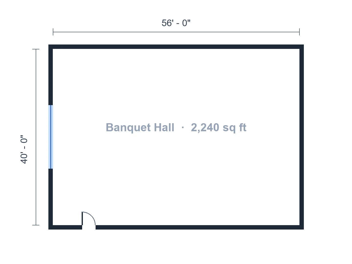 Banquet hall layout for 96 at eight 72 in rounds, with a stage and buffet, in 3D — Before