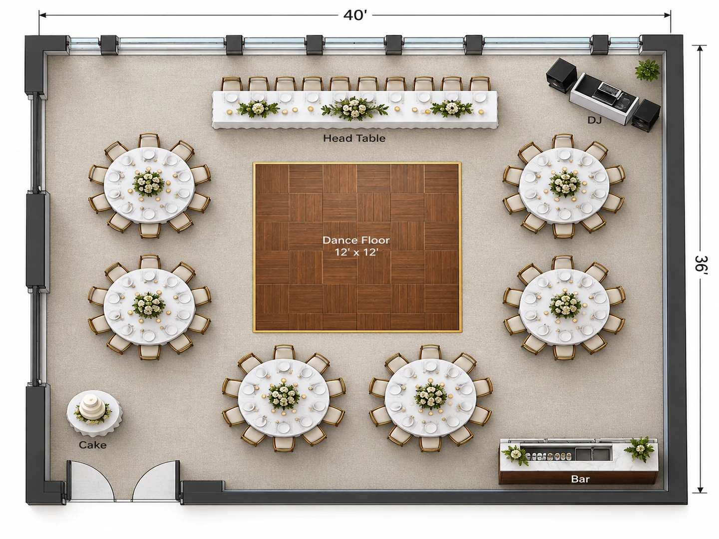 Wedding reception layout for 70 with a head table, a dance floor, six round tables, a DJ, a bar and a cake table