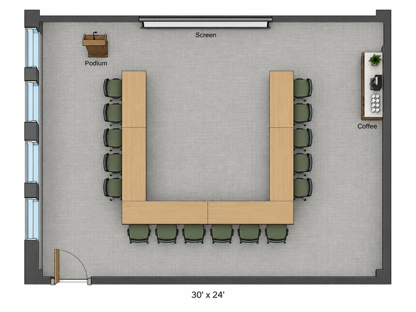 Conference room layout with a U-shape of tables for 18 facing a screen, a podium and a coffee station