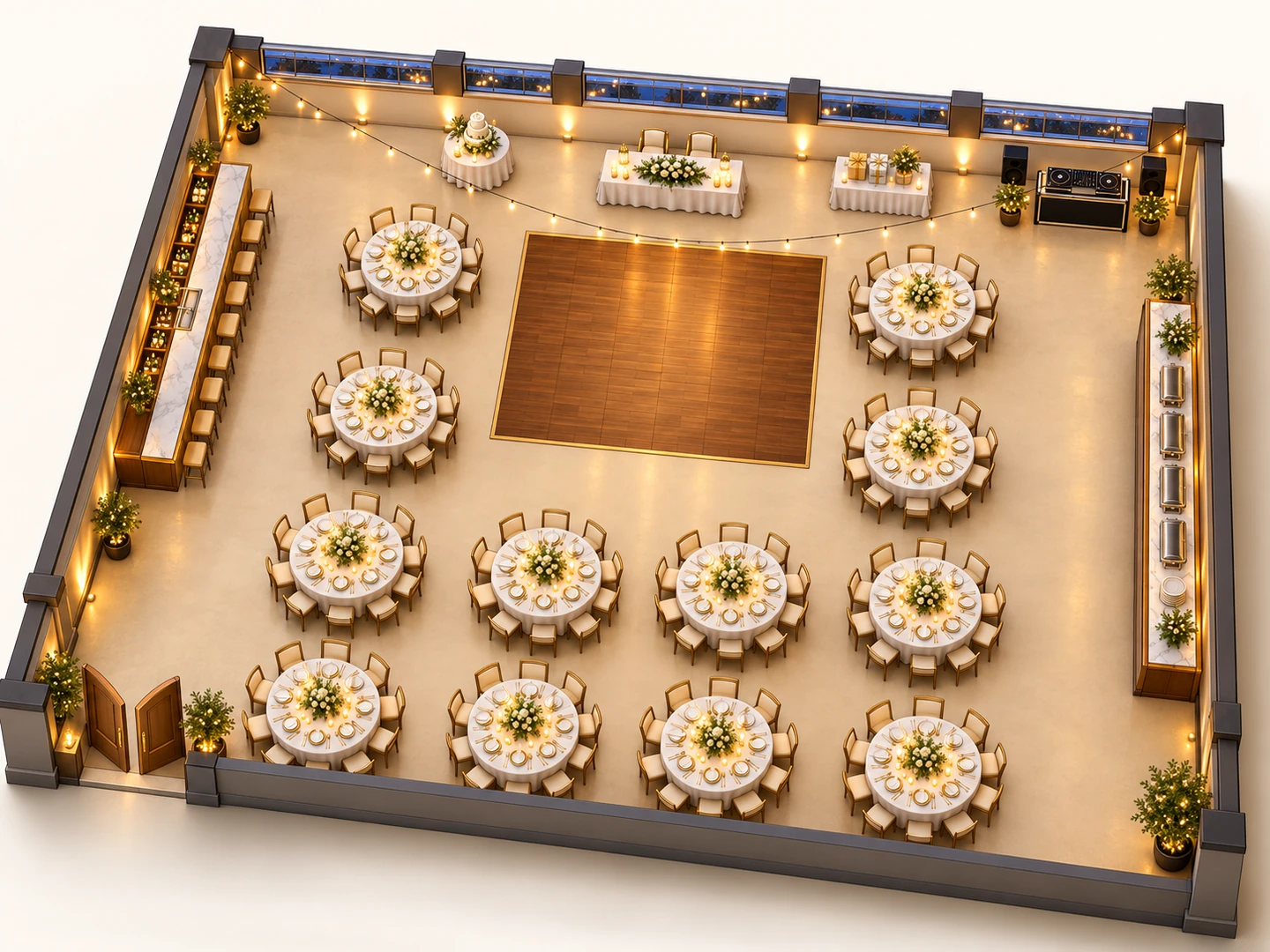 3D isometric view of a 120-guest wedding reception with round tables, a dance floor, a sweetheart table and a bar