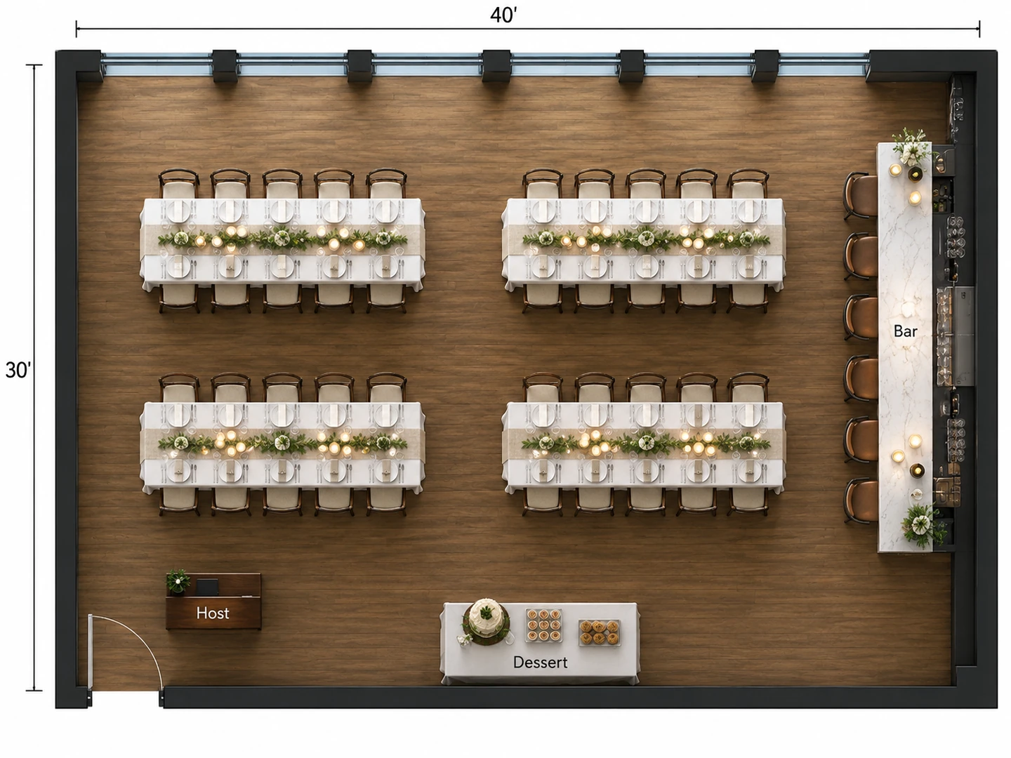 Restaurant buyout layout for a 40-guest rehearsal dinner at four long tables with a bar and a dessert table