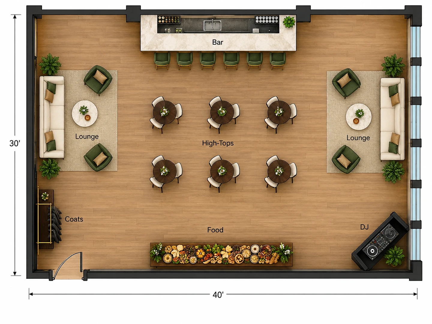 Event space plan for a 100-guest cocktail party in a 40 by 30 ft lounge with high-tops, lounge seating, bar and DJ