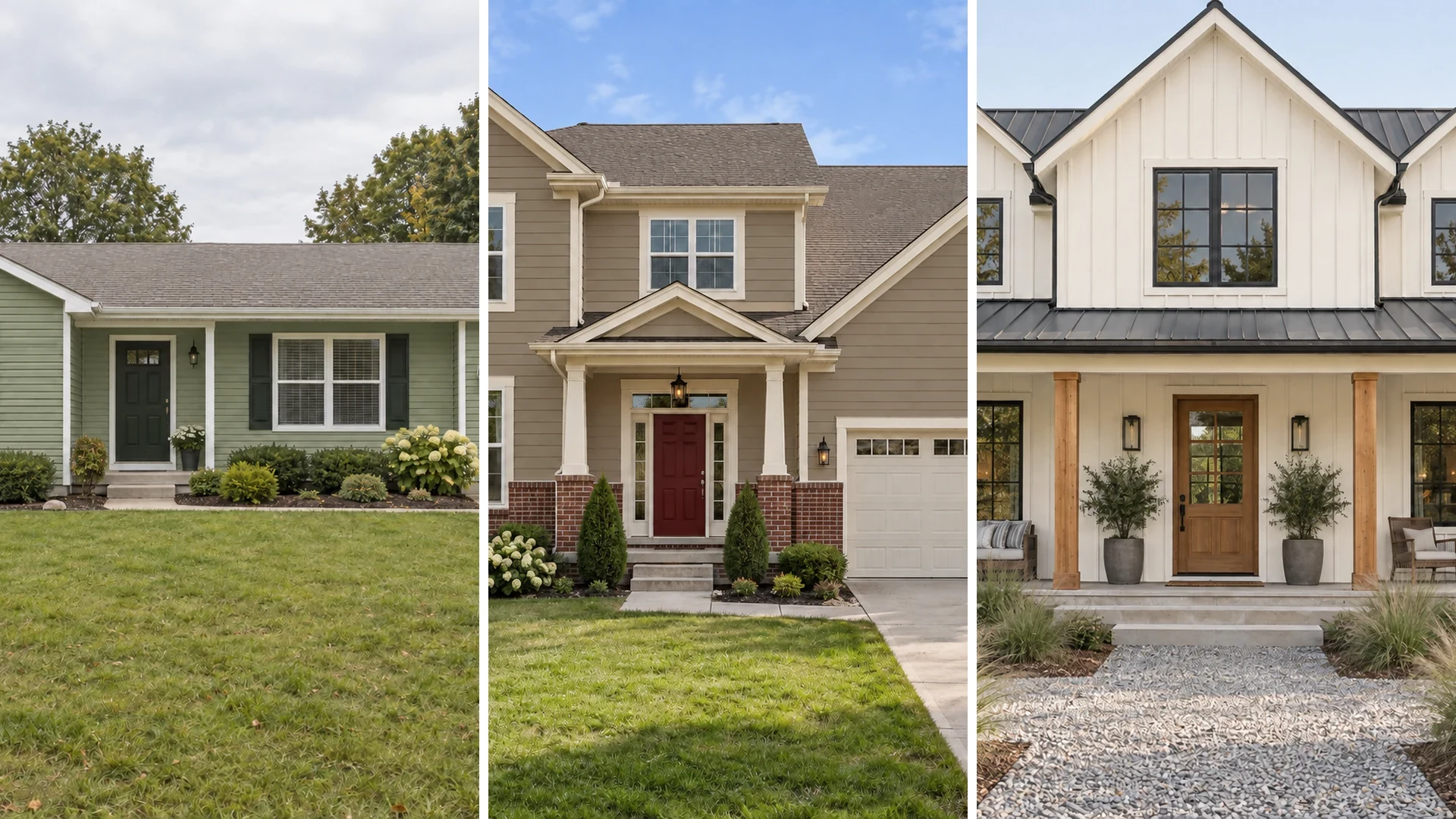 Three houses in 2026-style colors: sage green vinyl siding, taupe siding with a barn red door, and a warm white farmhouse