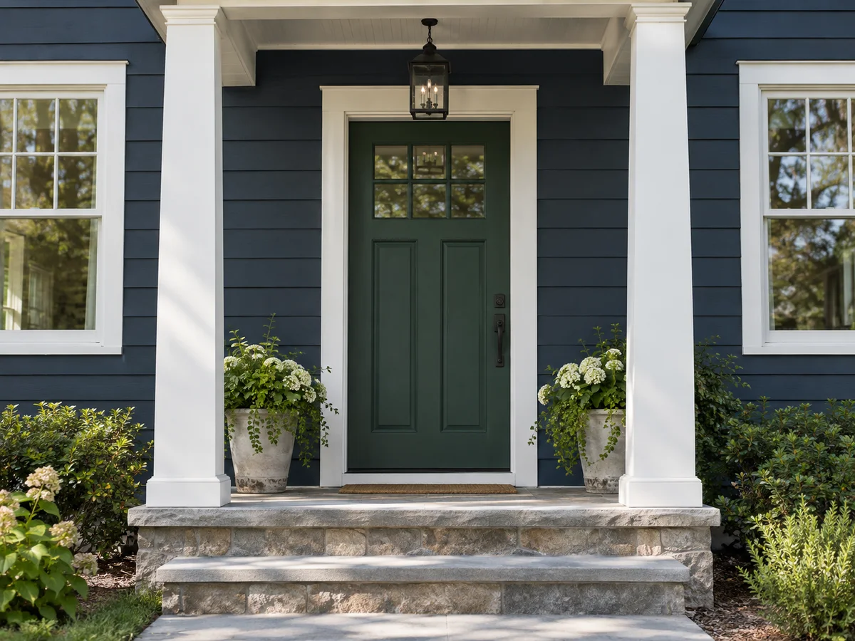 Navy Blue siding with white trim and porch columns around a forest green front door