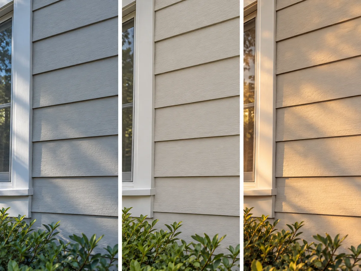 The same pale siding color in morning, midday and evening light