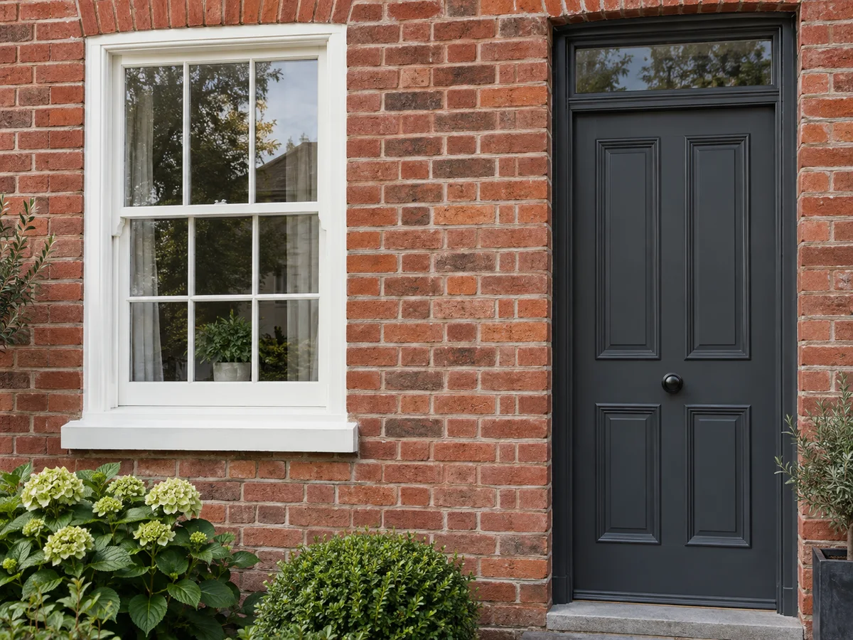 Unpainted red brick with white window trim and a charcoal front door