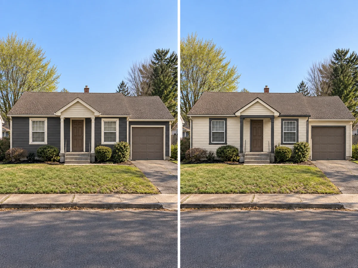 One house with charcoal siding and cream trim beside the same house with cream siding and charcoal trim