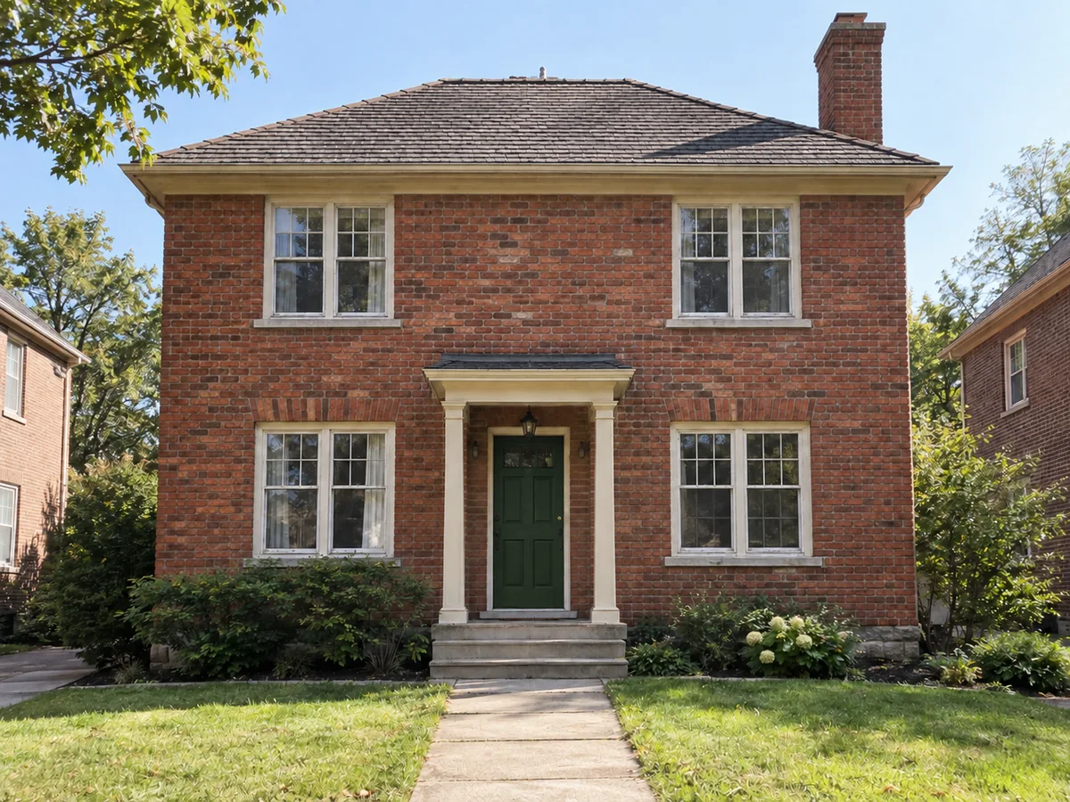 Forest Green Front Door on a Brick House — After