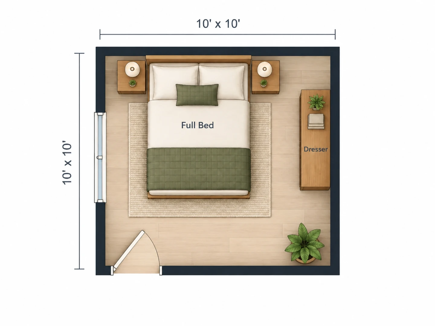 10×10 ft small bedroom: full bed in the commanding position, balanced nightstands — After