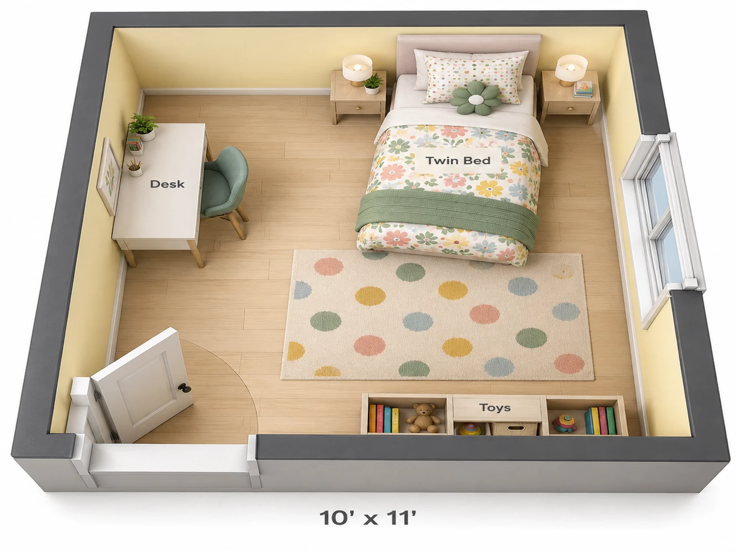 10×11 ft kids room: twin bed with a view of the door, desk away from the bed — After