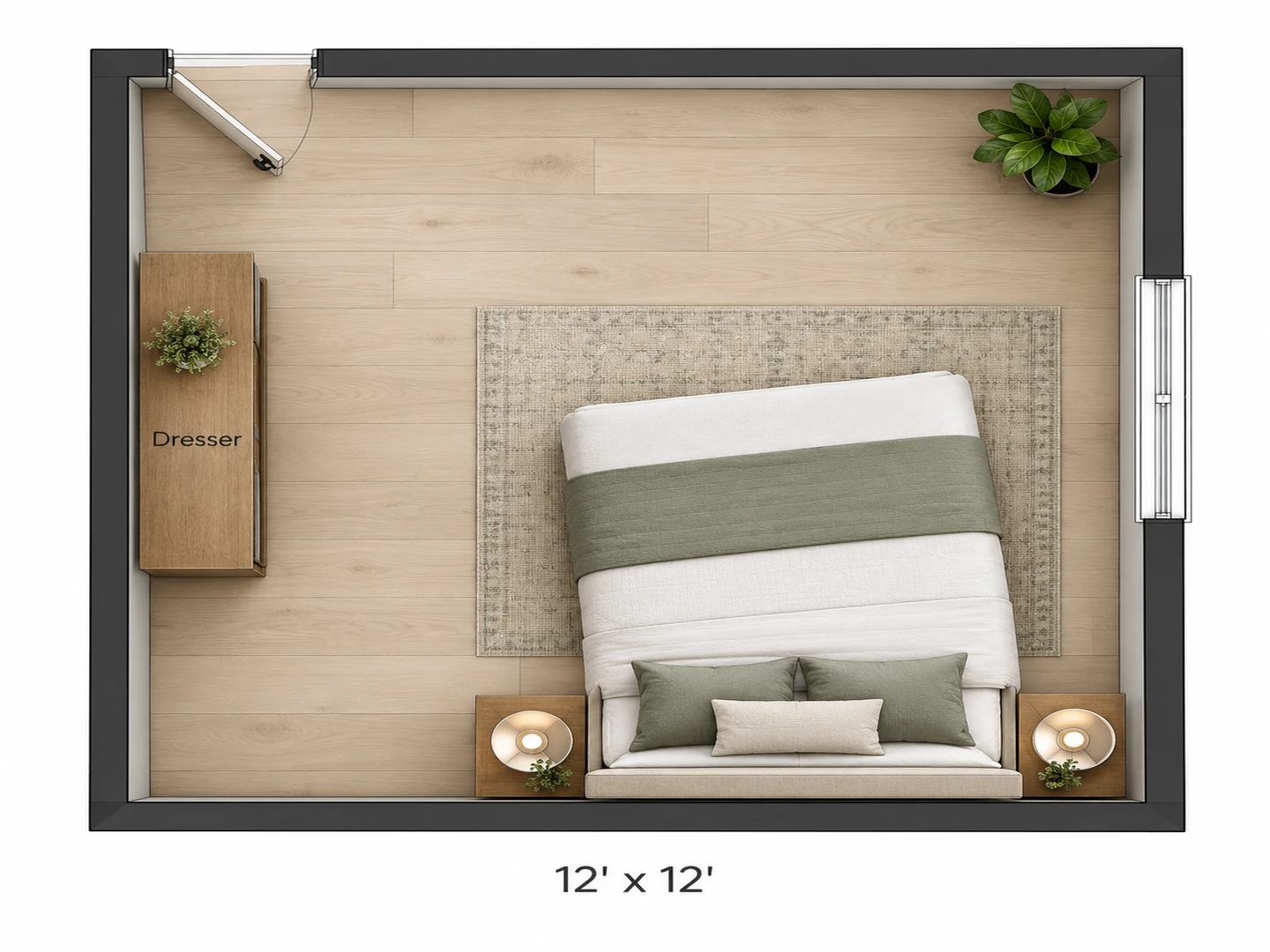 Feng shui bed placement in a 12 by 12 ft bedroom with the queen bed diagonal from a corner door
