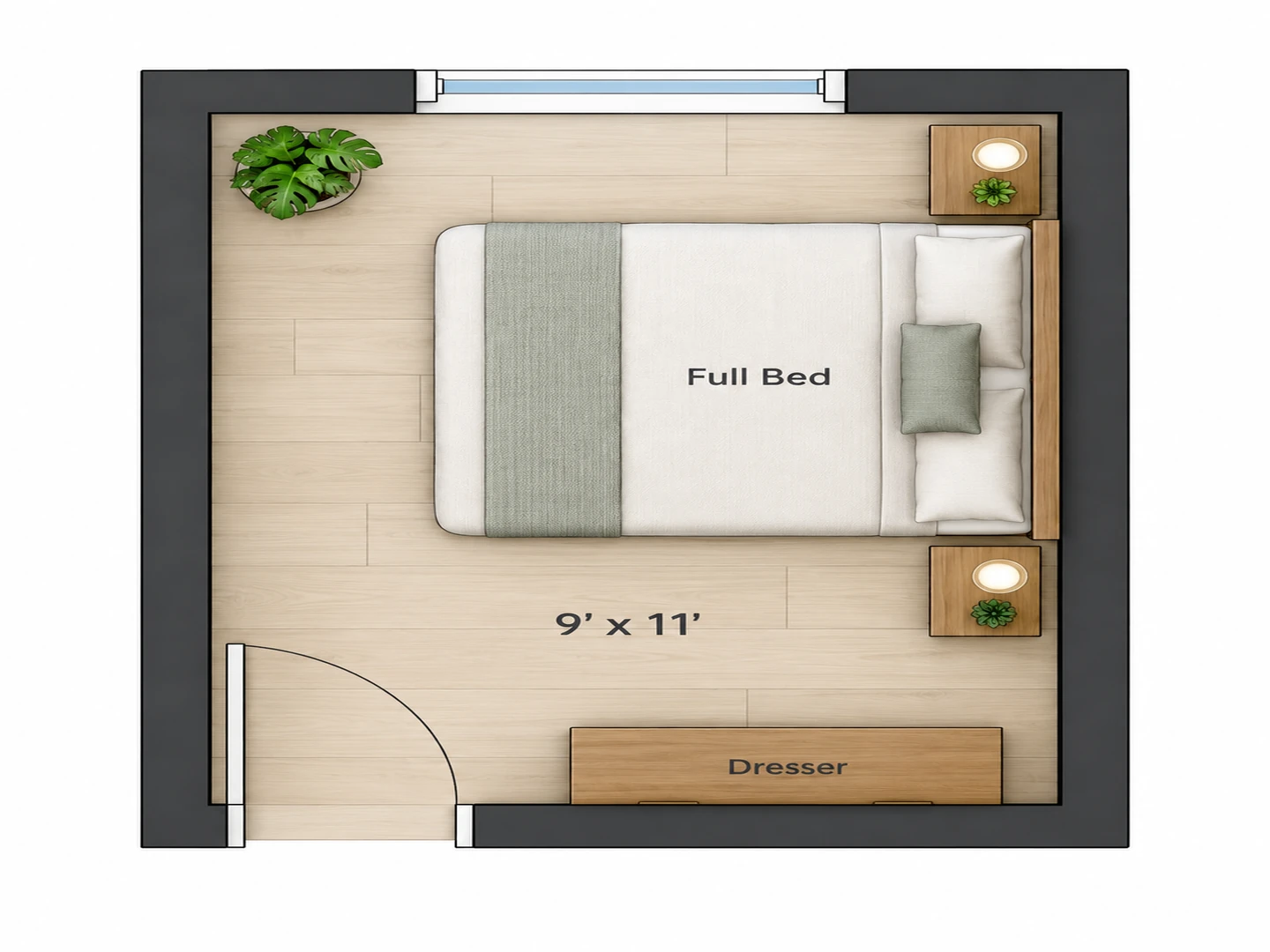 Feng shui bedroom layout for a small room: 9 by 11 ft with a full bed on the long wall