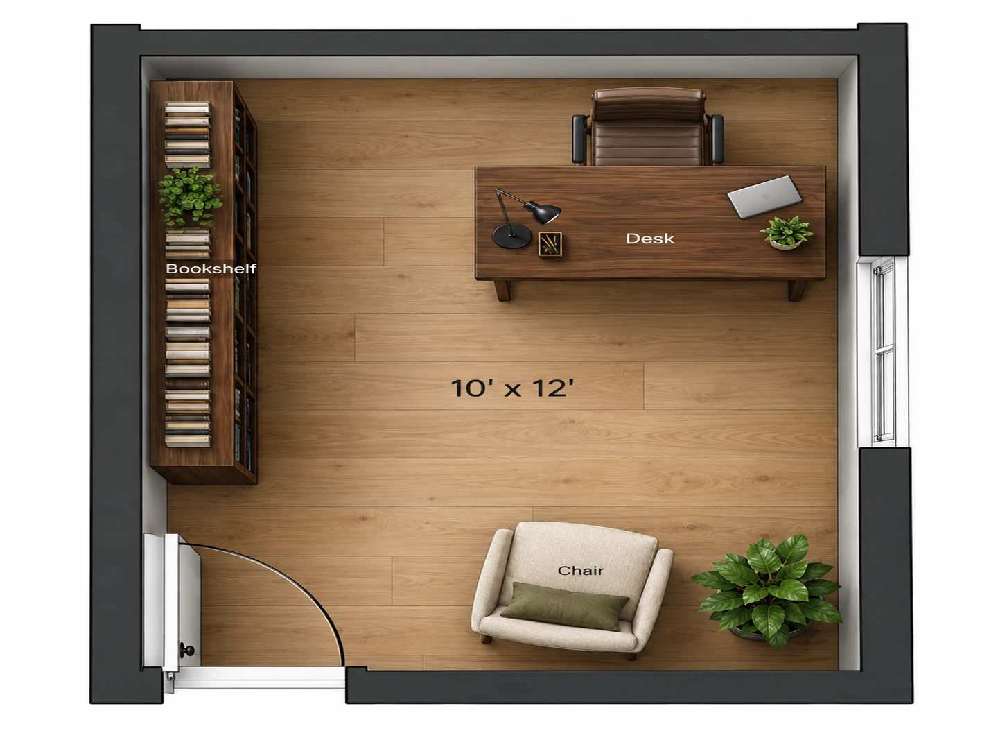 Feng shui home office layout with the desk in the commanding position facing the door