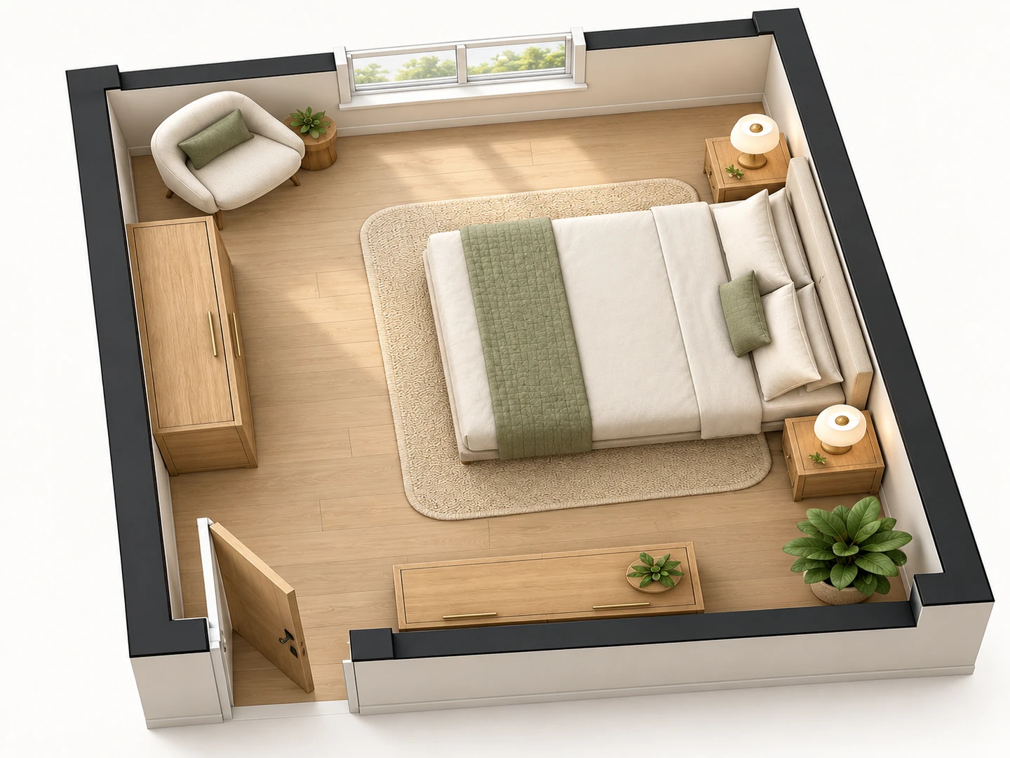 3D isometric view of a 12 by 14 ft feng shui bedroom with the queen bed on a solid wall